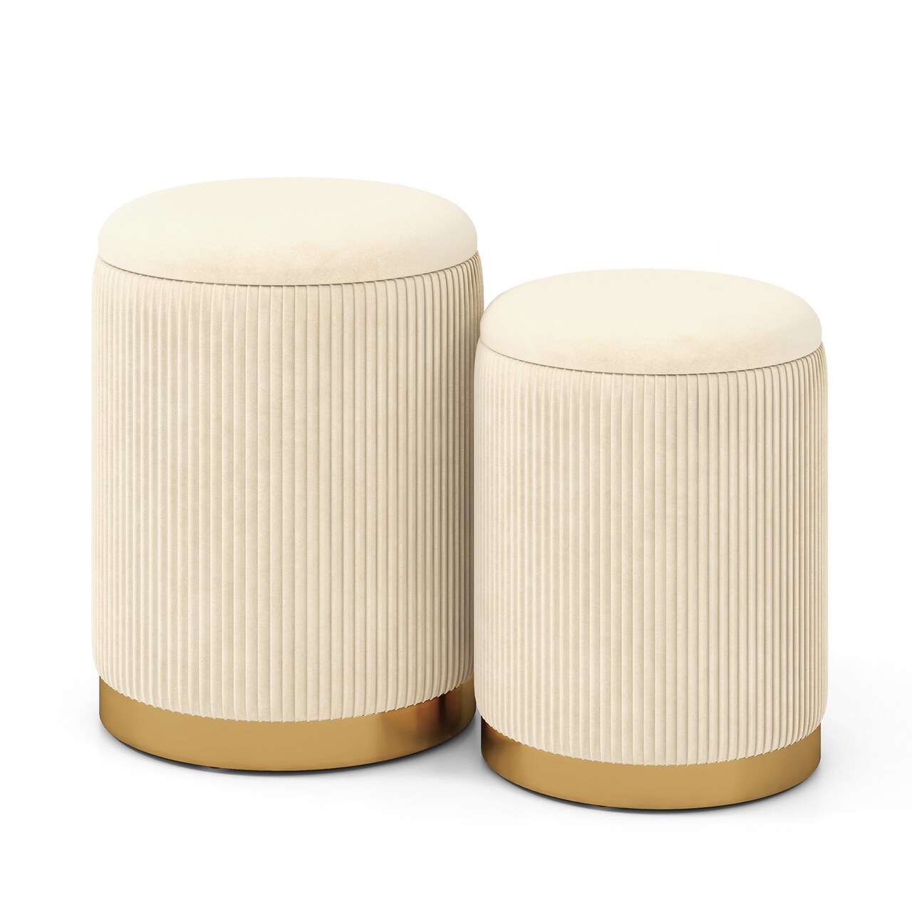Set of 2 Stackable Velvet/Linen Storage Ottomans with Reversible Tabletop Lid